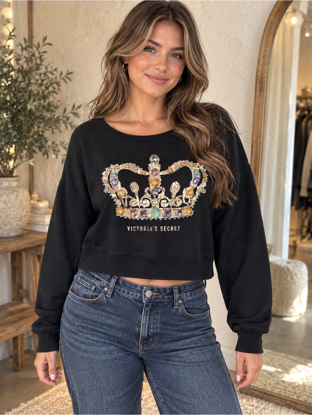 Victoria’s Secret Y2K McBling Jeweled Crown Rhinestone Cropped Sweatshirt Boxy